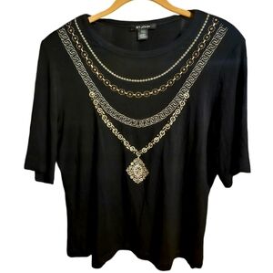 St. John Black Gold Vintage Embellished Beaded  T-Shirt Top Size Large